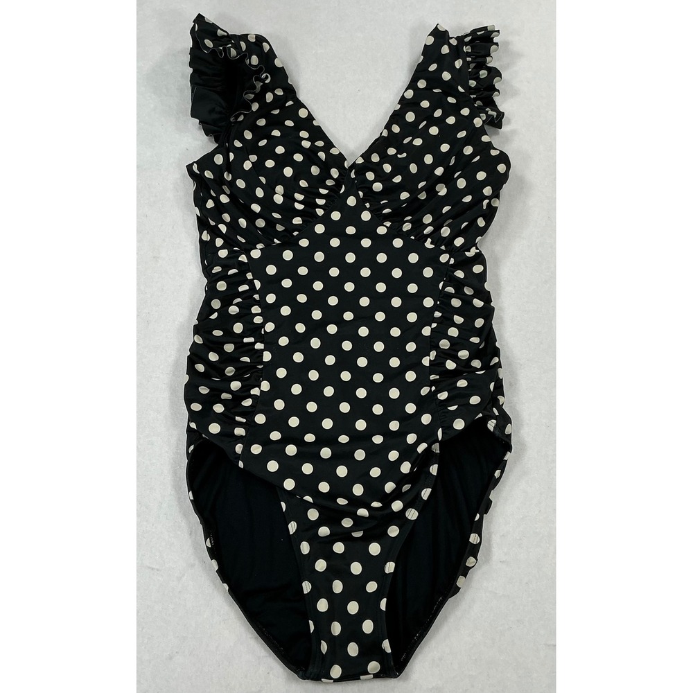 Albion Fit Maria One Piece Swimsuit Black White Polka Dot Ruffle V-Neck Small